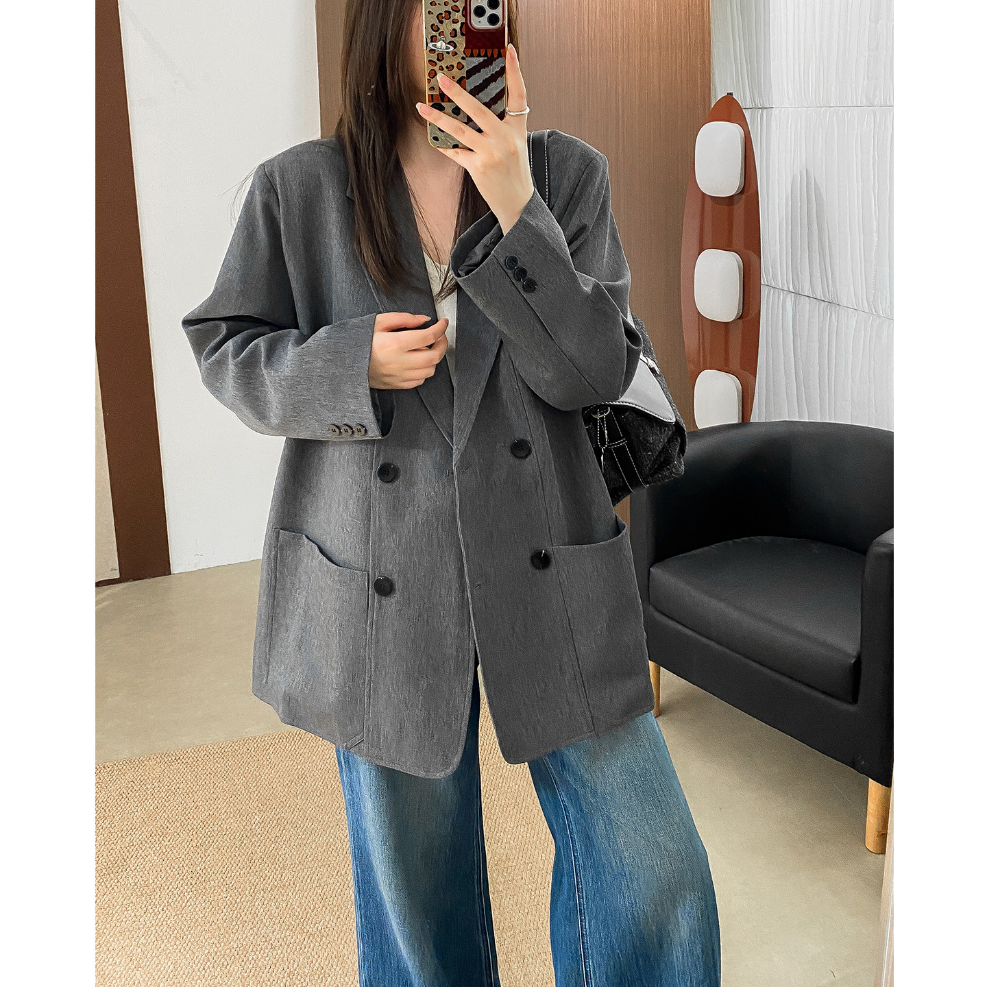 菲尔丹 版型好 廓形显瘦 双排四口 秋冬宽松中长款西装外套女9306