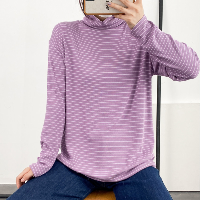 面料质感好 垂坠有分量 细螺纹条纹高领宽松中长打底衫上衣女3756