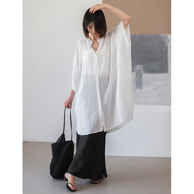 短袖冰丝衬衫蝙蝠袖文艺范排扣