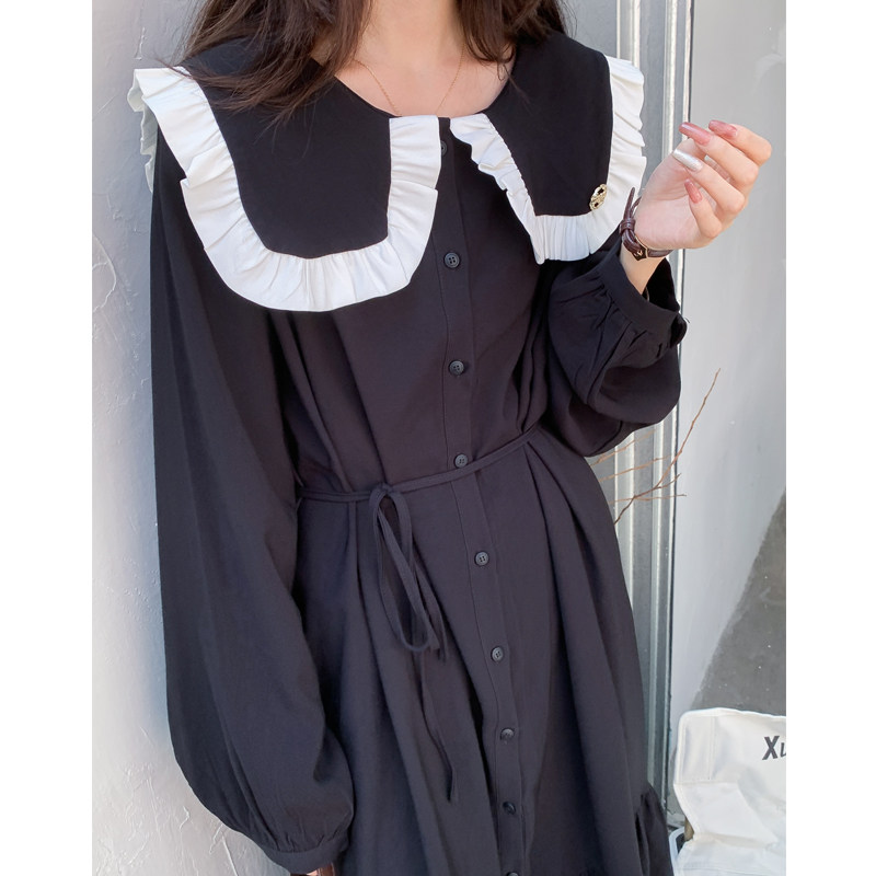 复古娃娃翻领排扣衬衫长袖连衣裙 高个子宽松超长连衣裙秋冬5007