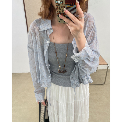 菲尔丹 格纹雪纺防晒长袖短款防晒衬衫 蕾丝花下摆抽绳防晒衫9687