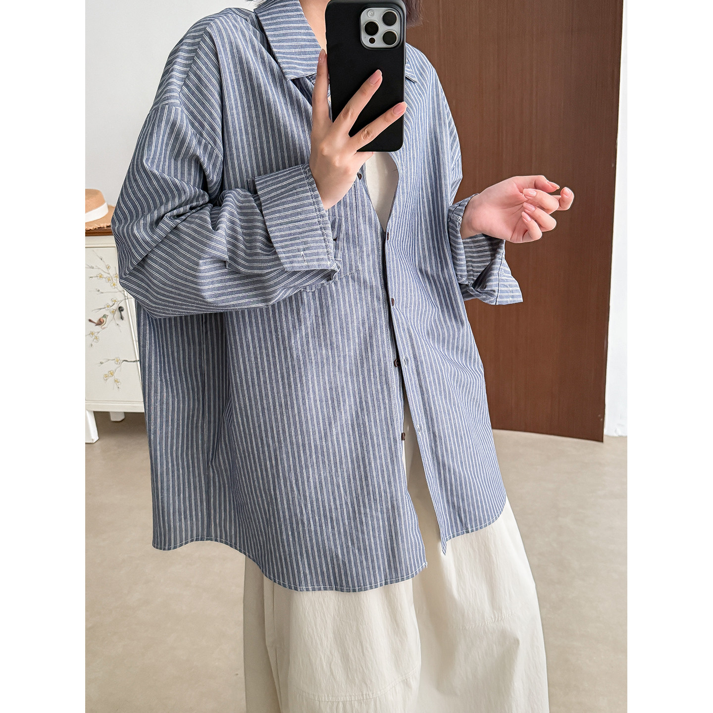 菲尔丹文艺范棉麻感色织条纹衬衫