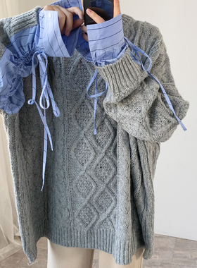 港风抽绳条纹衬衫堆堆袖拼接麻花毛衣 设计感潮宽松大码毛衣5511