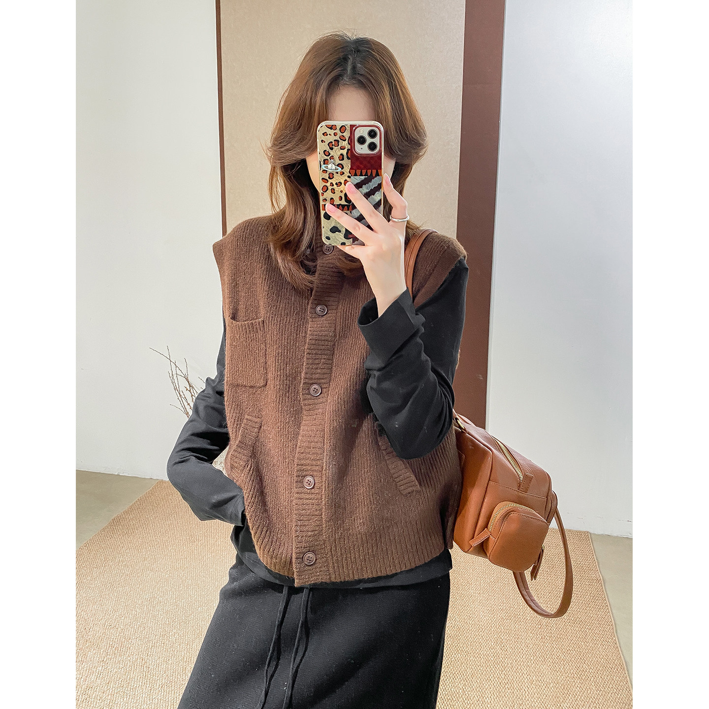 菲尔丹 文艺范高圆领排扣无袖毛衣 高质秋冬打底毛衣马甲中长1283