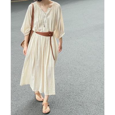 气质学姐范配五分袖长款连衣裙