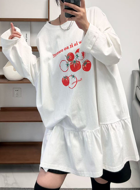 菲尔丹 不挑身形 舒适纯棉 番茄印花圆领长袖大版拼裙摆长T恤821