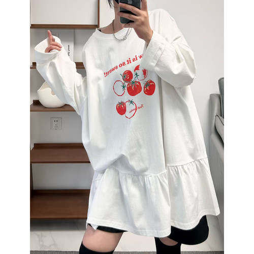 圆领长袖大版拼裙摆长T恤