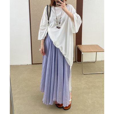 菲尔丹 文艺范 双层彩色梭织棉松紧腰不规则大摆长款半身裙2016