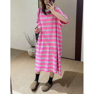 菲尔丹 长T裙夏连衣裙9018 港风多巴胺色条纹慵懒休闲落肩宽松长袖