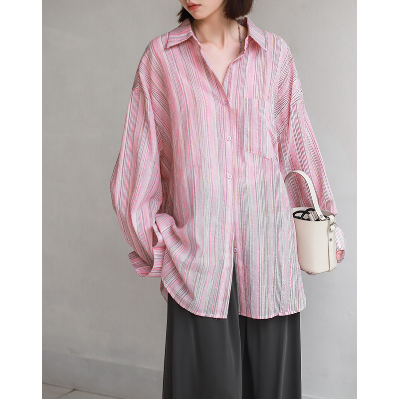 长棉衬衫彩色条纹线休闲韩风大版