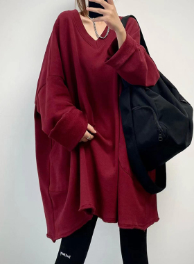 菲尔丹 好质感小圈棉V领长袖卫衣 日韩原宿大口袋卷边大长卫衣585