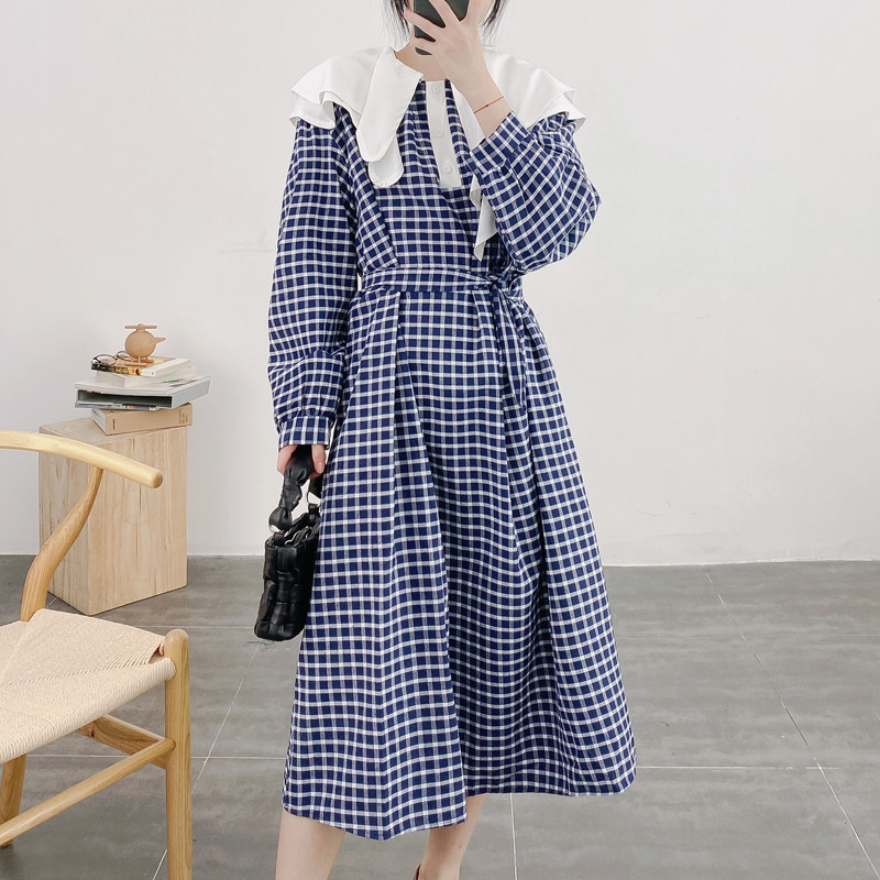 复古风不对称荷叶领格纹连衣裙 秋冬长袖宽松大码版连衣裙5827