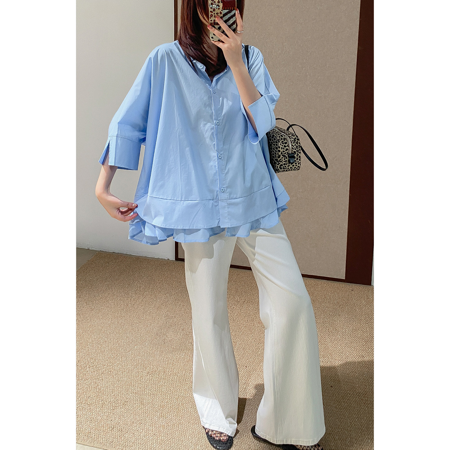 菲尔丹 港风简约大气 双层荷叶摆翻领排扣半袖宽松中长款衬衫6082