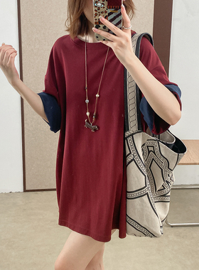 菲尔丹 港风精梳棉舒适圆领大版T恤 撞色翻边宽松T裙短袖T恤8898