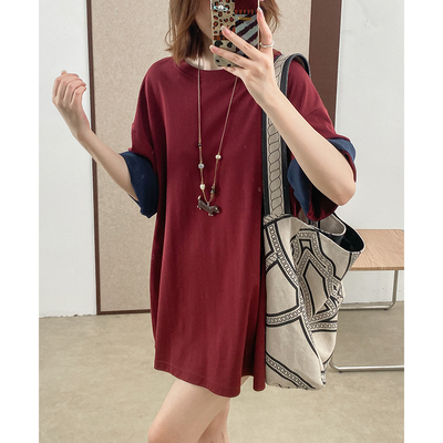 菲尔丹 港风精梳棉舒适圆领大版T恤 撞色翻边宽松T裙短袖T恤8898