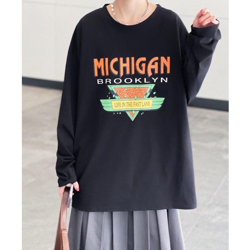 百搭英文倒三角印花长袖T恤衫女 休闲宽松中长初秋上衣打底86303