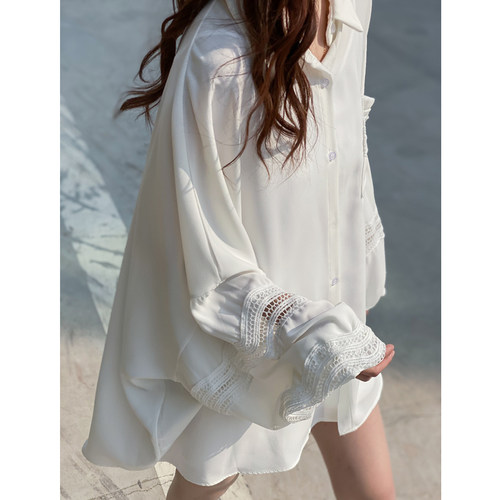 慵懒港风镂空灯笼袖飘逸大版衬衫