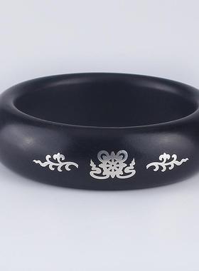 2026紫光檀木镶银贵妃手镯黑檀镶嵌国风龙凤六字真言多选图案实木