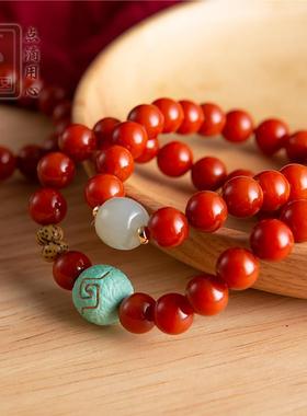 2026纯天然真南红玛瑙手錬松石和田玉手串创意情侣款饰品覆古生日