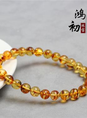 2026鸿初珠宝 天然黄色花珀手串 净水时尚琥珀圆珠手链 厂家直销