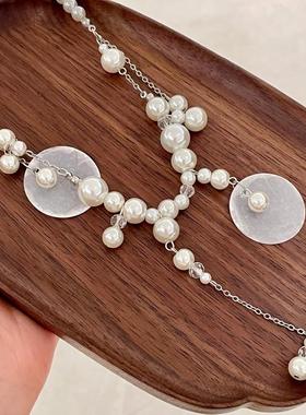 2026大小珍珠拼接流苏项链圆片贝壳锁骨链渐变串珠小众颈链精致配