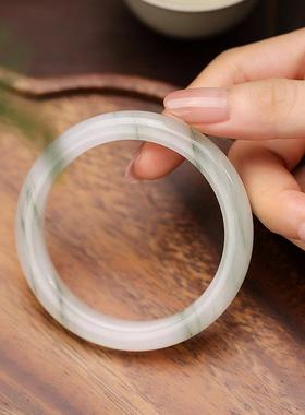 2026天然新疆天山翠手镯冰翠飘花扁条雪翠翡翠色金丝玉半山水玉镯