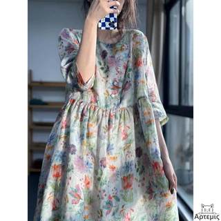 时尚森系棉麻苎麻碎花连衣裙女夏季Womens retro floral dress