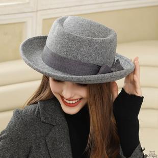 女羊毛呢礼帽卷边平顶复古蝴蝶结英伦礼帽Ladies hat fisherman