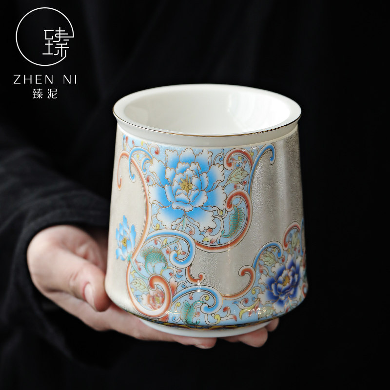珐琅彩建水高档手工掐丝银陶瓷水盂杯洗功夫茶具配件茶渣缸废水桶