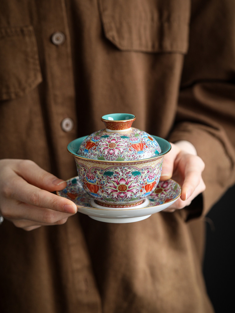 高档珐琅彩缠枝莲三才盖碗家用敬茶碗功夫茶具陶瓷防烫带盖泡茶碗