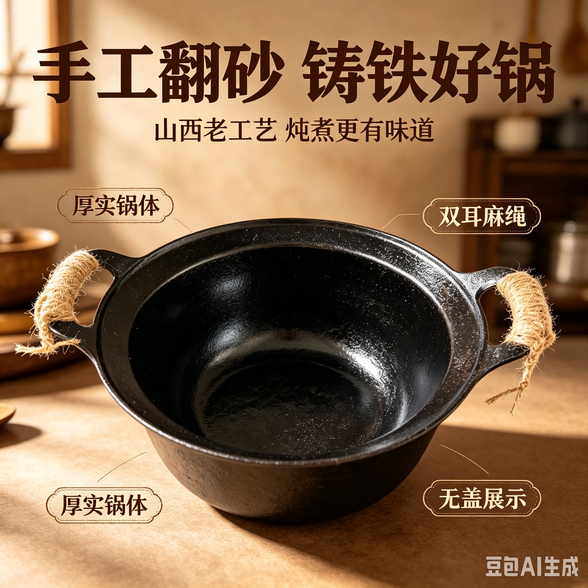 手工翻砂铁锅山西铸铁锅双耳炖煮锅无涂层不易粘锅铁锅山西锅