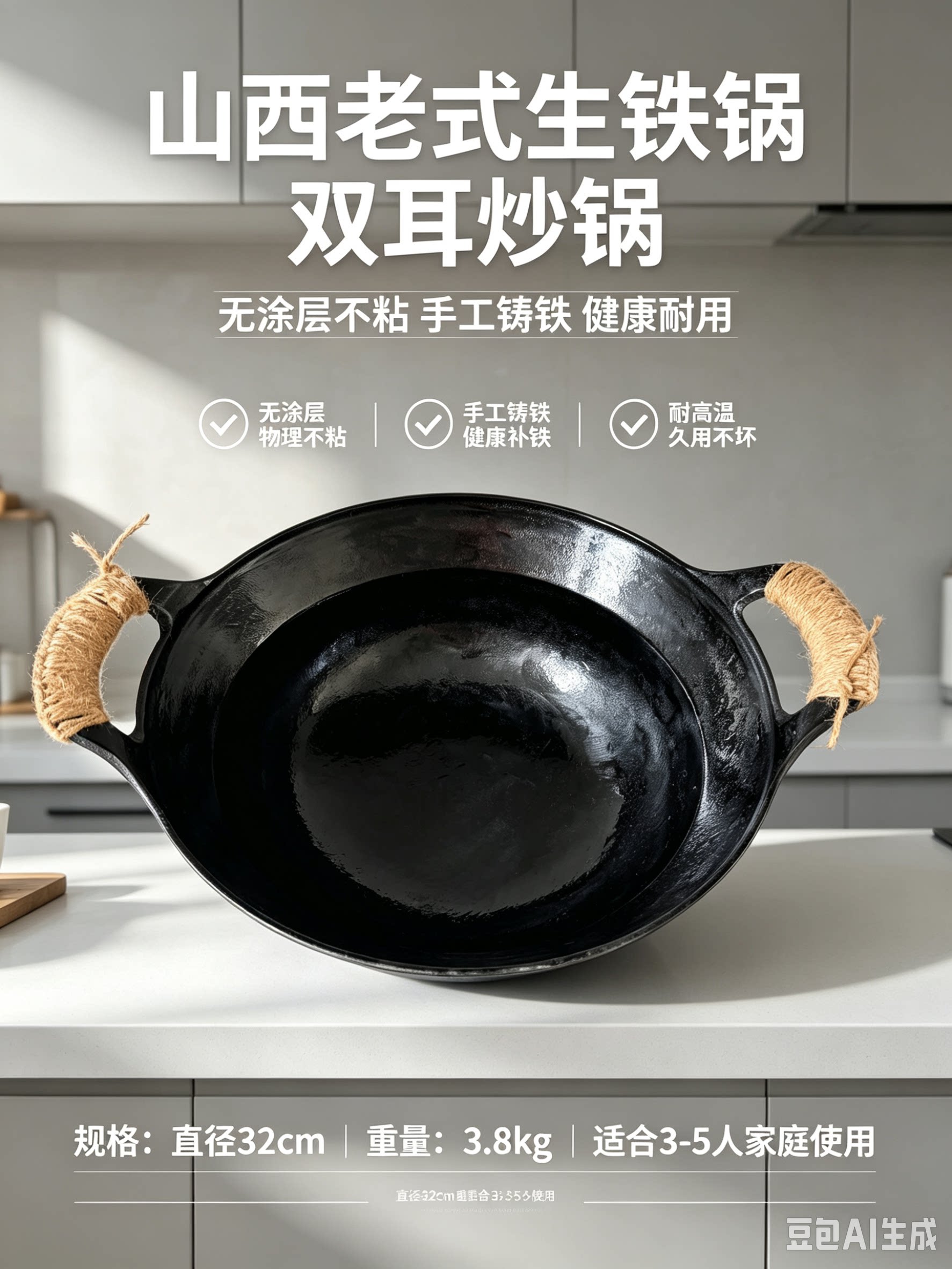 山西翻砂铁锅手工老式古法铁锅30厘米双耳深炒锅生铁无涂层开锅