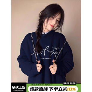 复古长袖 宽松美式 上衣 爆款 藏蓝色秋冬圆领卫衣女2025新款