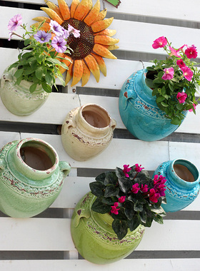 欧式创意透气壁挂花盆复古做旧陶瓷阳台多肉挂式墙壁园艺装饰花盆