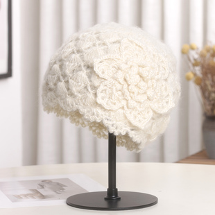 日系甜美手钩花朵针织包头帽女秋冬新款双层保暖套头帽百搭毛线帽