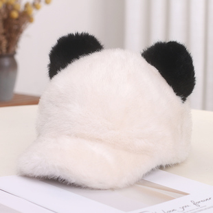 新款仿水貂毛鸭舌帽子女冬季可爱熊猫耳朵棒球帽加厚保暖毛绒帽子