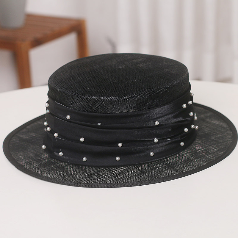 法式复古珍珠黑色平顶礼帽女春夏英伦时尚麻纱帽子平檐防晒遮阳帽