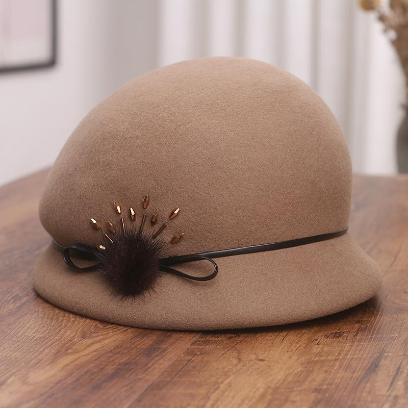 秋冬优雅水貂毛球羊毛呢渔夫帽女士加厚保暖百搭盆帽复古定型礼帽