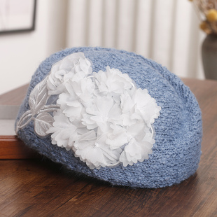 韩版优雅立体花针织贝雷帽子女秋冬显脸小气质百搭画家帽洋气礼帽