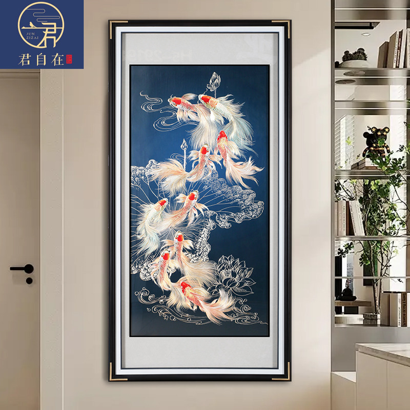 荷花九鱼手工铜板铜雕装饰画聚福高档入户玄关墙壁走廊挂画新中式图片