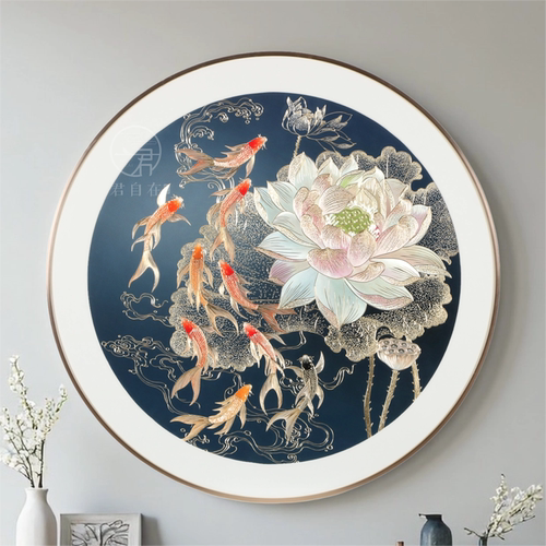 荷花九鱼手工铜雕玄关对门装饰画