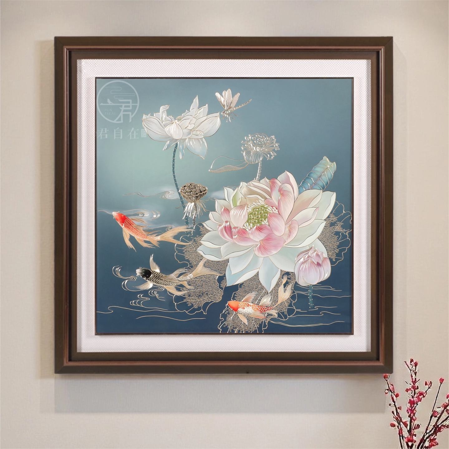 新中式手工铜雕荷花锦鲤装饰画