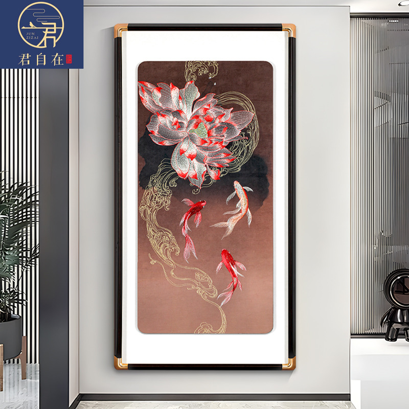 走廊玄关画高端大气荷花鲤鱼挂画高端苏州手工刺绣织锦绣装饰画图片