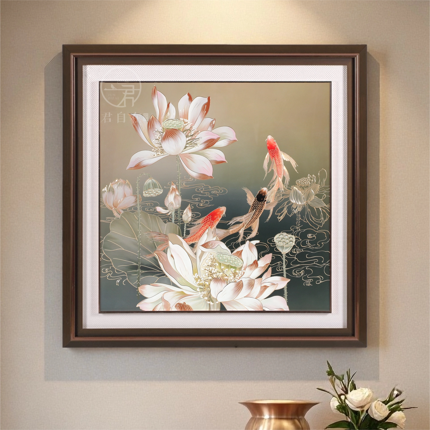 新中式手工铜雕荷花锦鲤装饰画