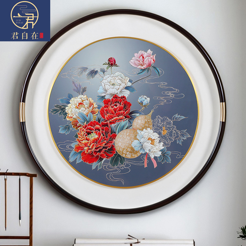 圆形牡丹葫芦铜板手工装饰画新中式现代墙壁挂画走廊过道铜雕画图片