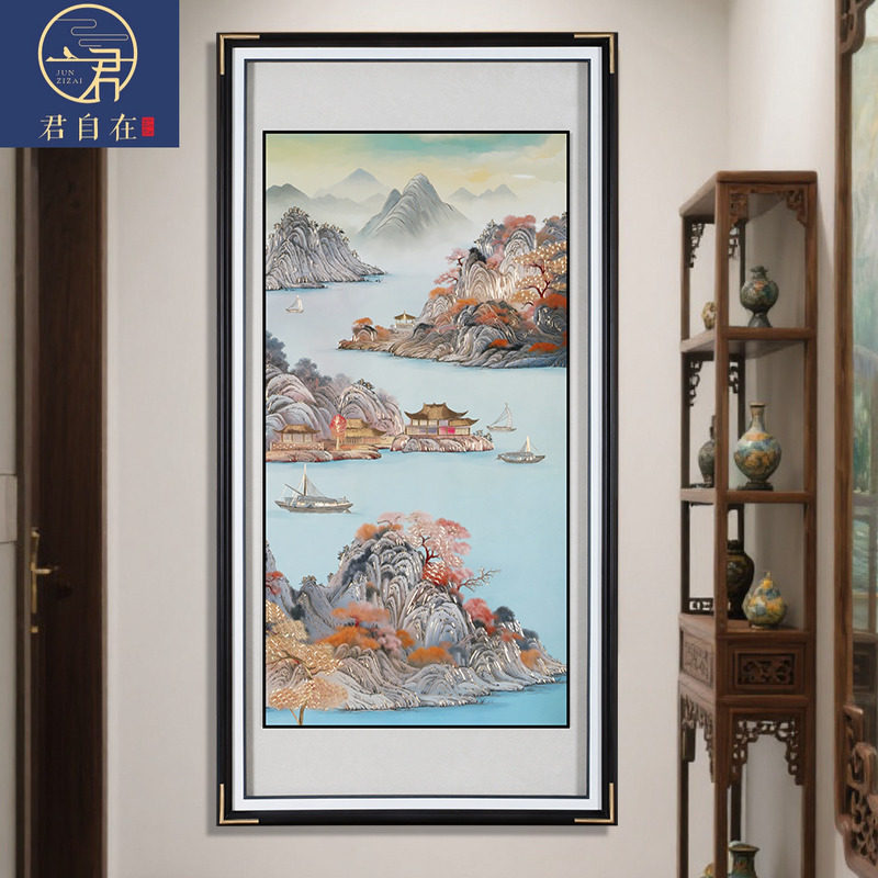 风生水起手工铜板铜雕装饰画玄关走廊过道尽头寓意好新中式山水画