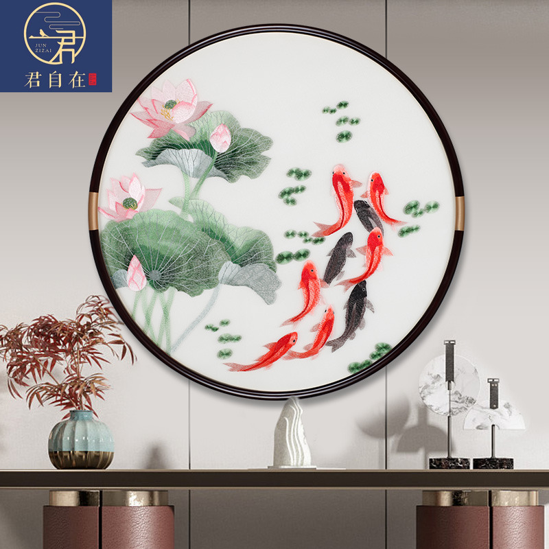 新中式圆形装饰画苏绣刺绣入户玄关走廊过道挂画客厅背景墙九鱼图图片