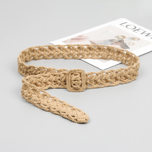 镂空裙子腰带高级感 饰连衣裙配牛仔裤 卡其色毛线编织皮带裤 带女装