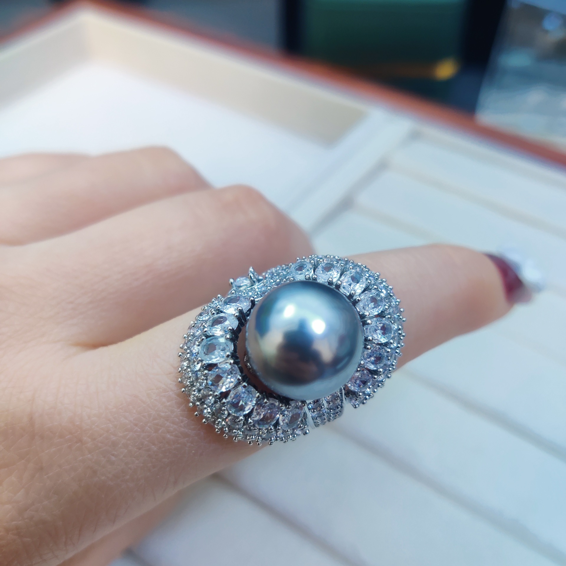 围裙边大珍珠戒指女开口大颗粒