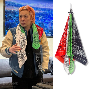 高品质gd权志龙同款纯棉拼接方巾pmo字母腰果花印花嘻哈头巾男女